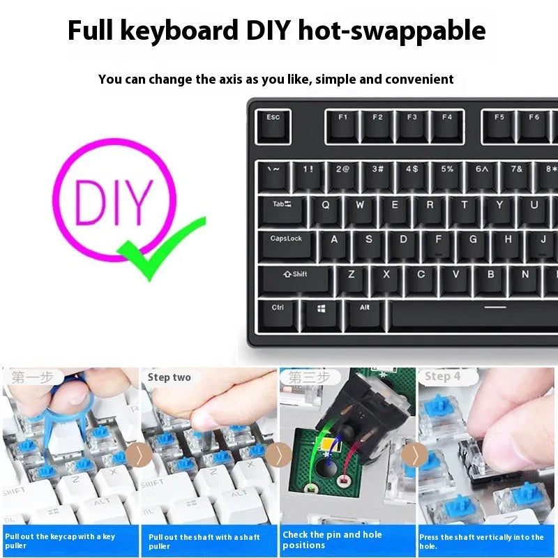 87 key wired mechanical keyboard with hot-swappable switches showing dual-colour keycap theme on metal body