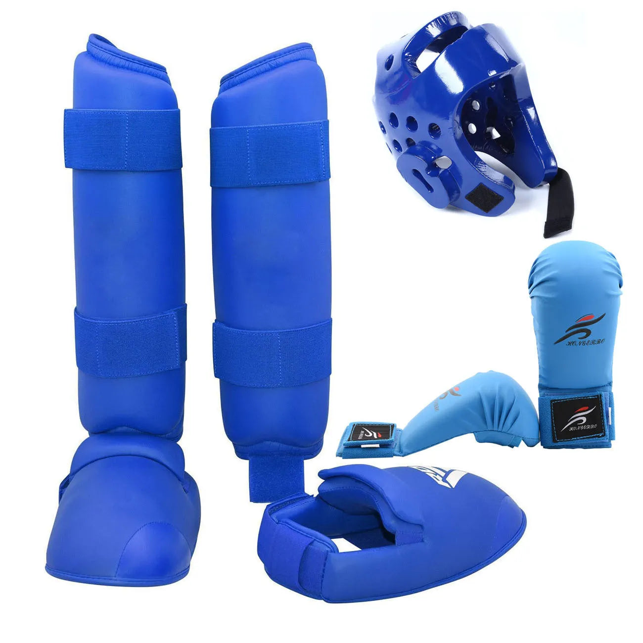 Red and blue karate protective gear set showing leg guards, helmet, and boxing gloves on a white background.