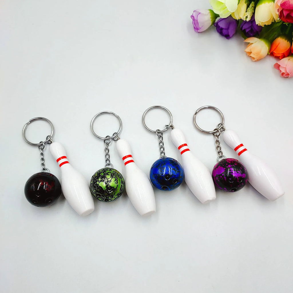 Mini bowling sports simulation keychain pendant in PVC metal showing colour options