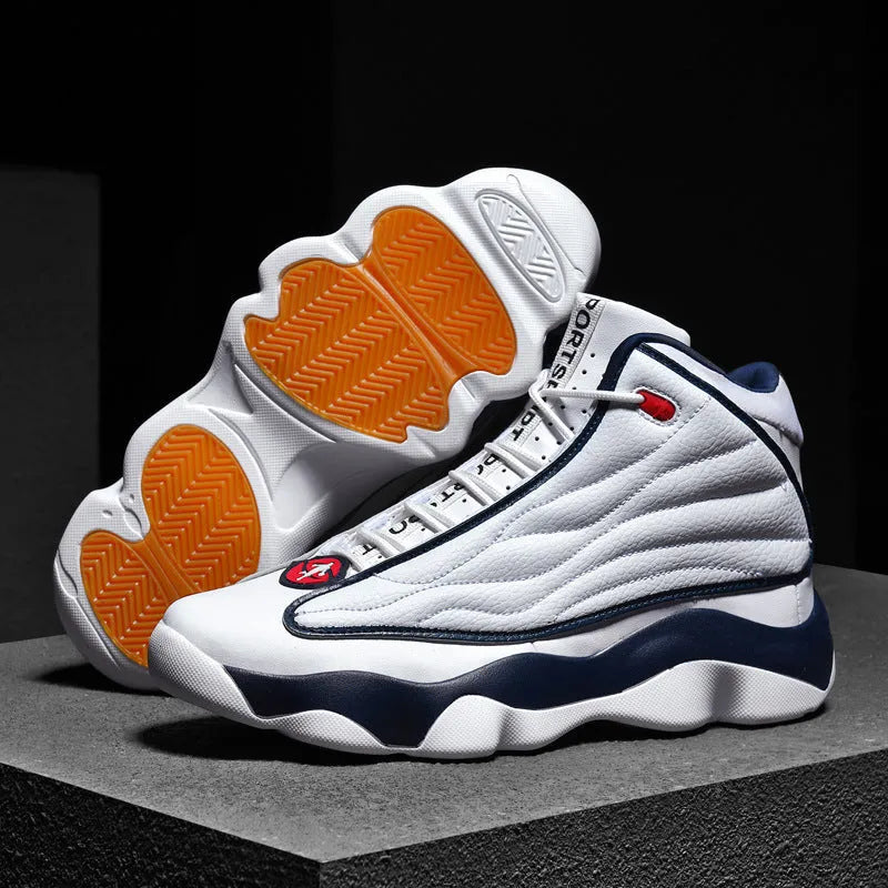 Men's high-top basketball shoe in black and light blue colour with mesh upper and rubber sole.