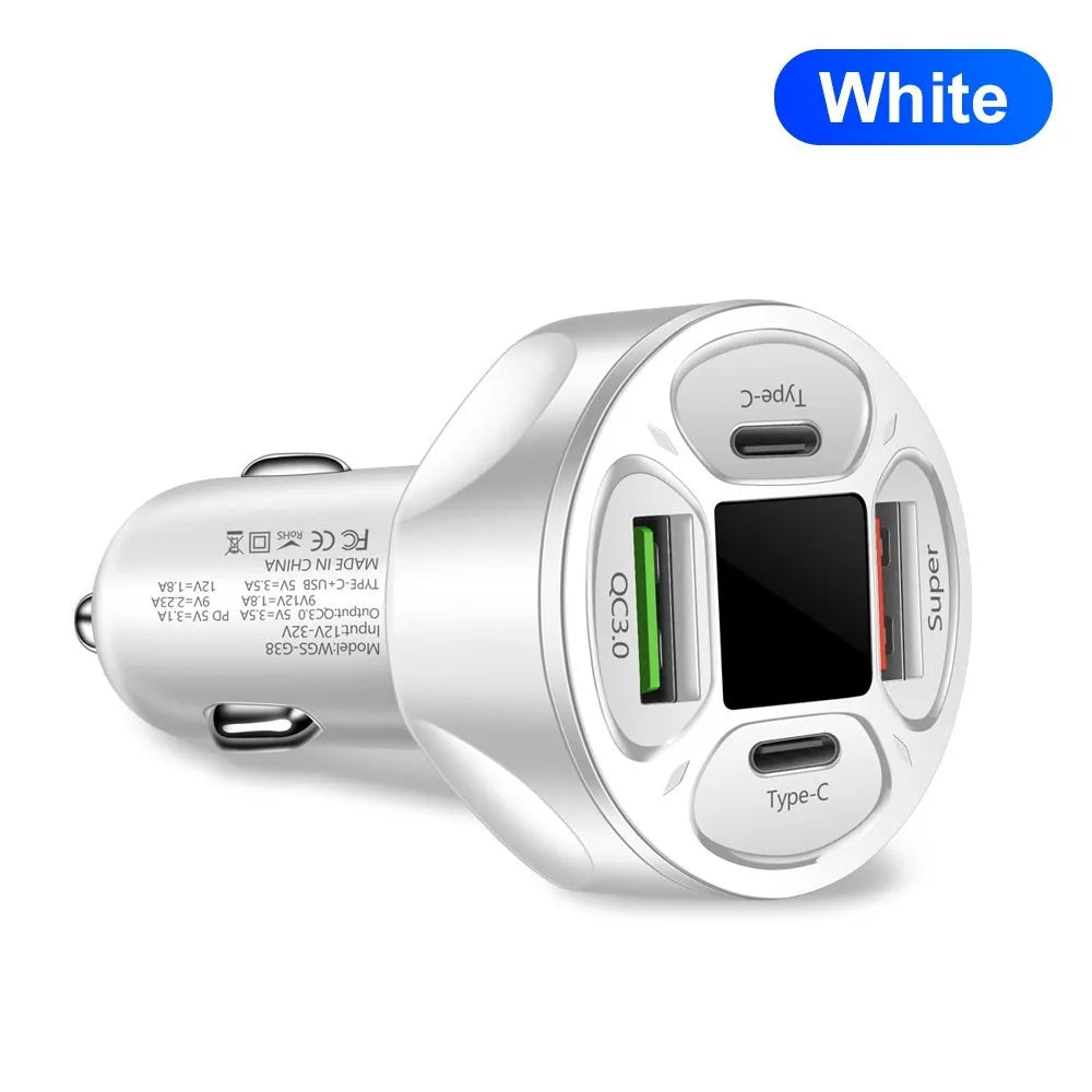 66W digital display car charger with two USB and two Type-C ports showing voltage readout