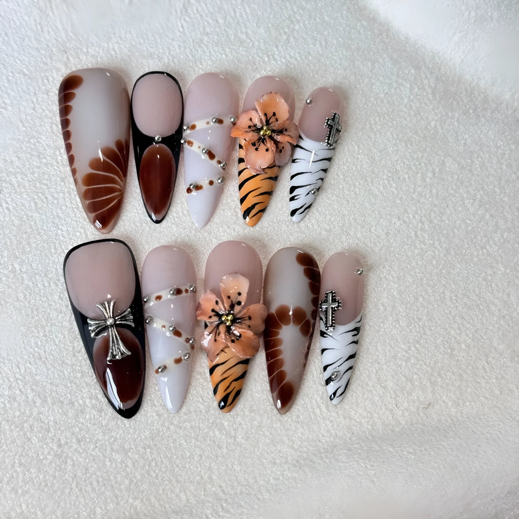 Handmade French style leopard print nail armour stickers with floral cross patterns in four sizes