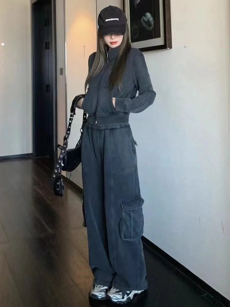 Women's two piece tracksuit set in dark gray or brown, polyester top and trousers with splicing detail