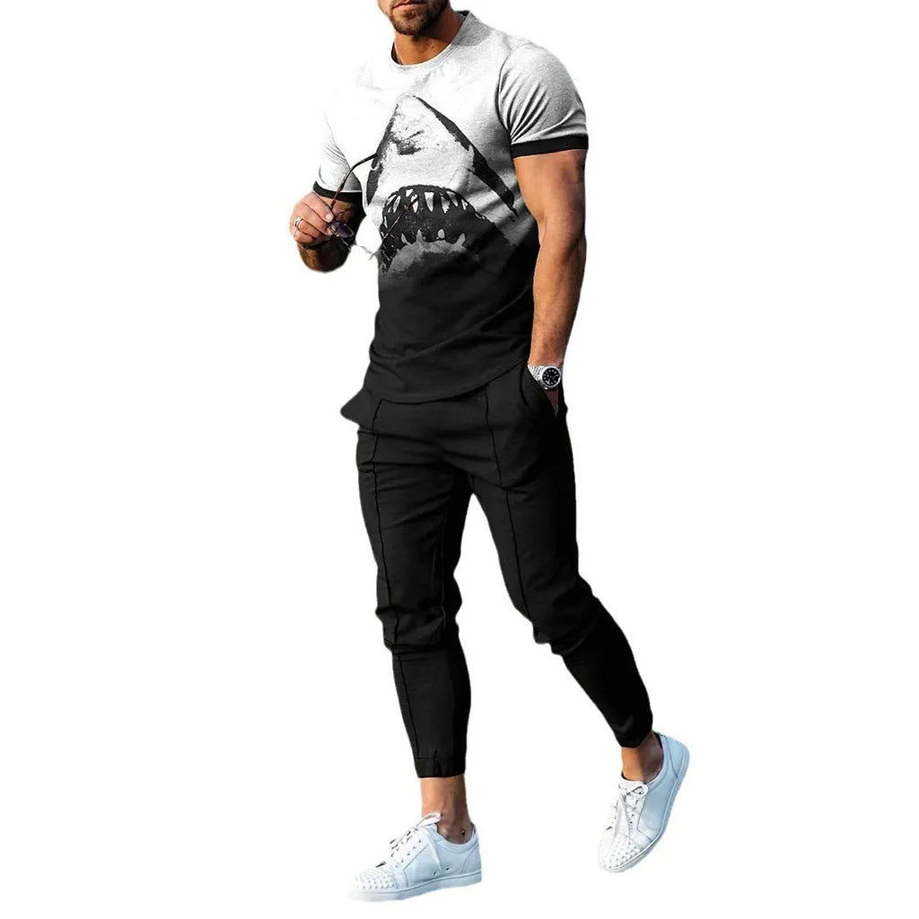 Man wearing a short-sleeved printed pullover and matching trousers from a lightweight polyester sport suit set.