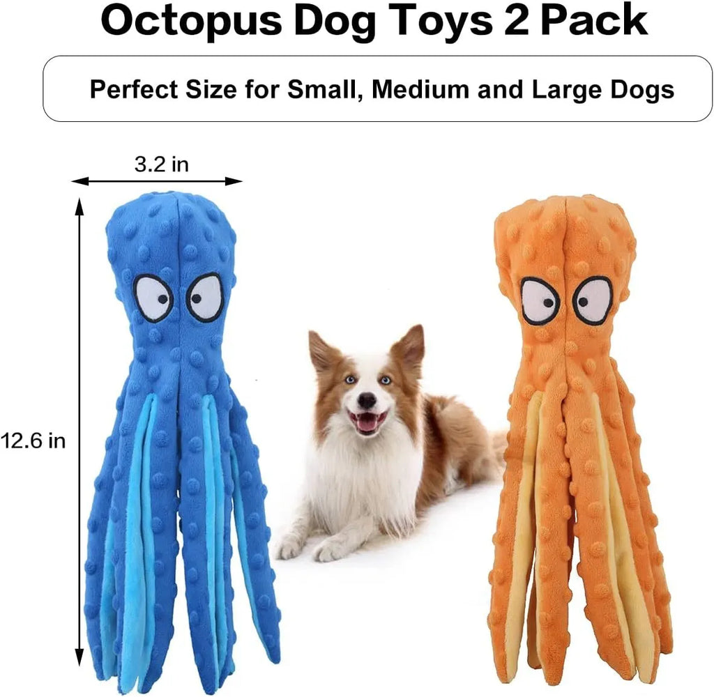 Blue octopus-shaped dog plush toy with squeaker and crinkle sounds, measuring 32 cm long.