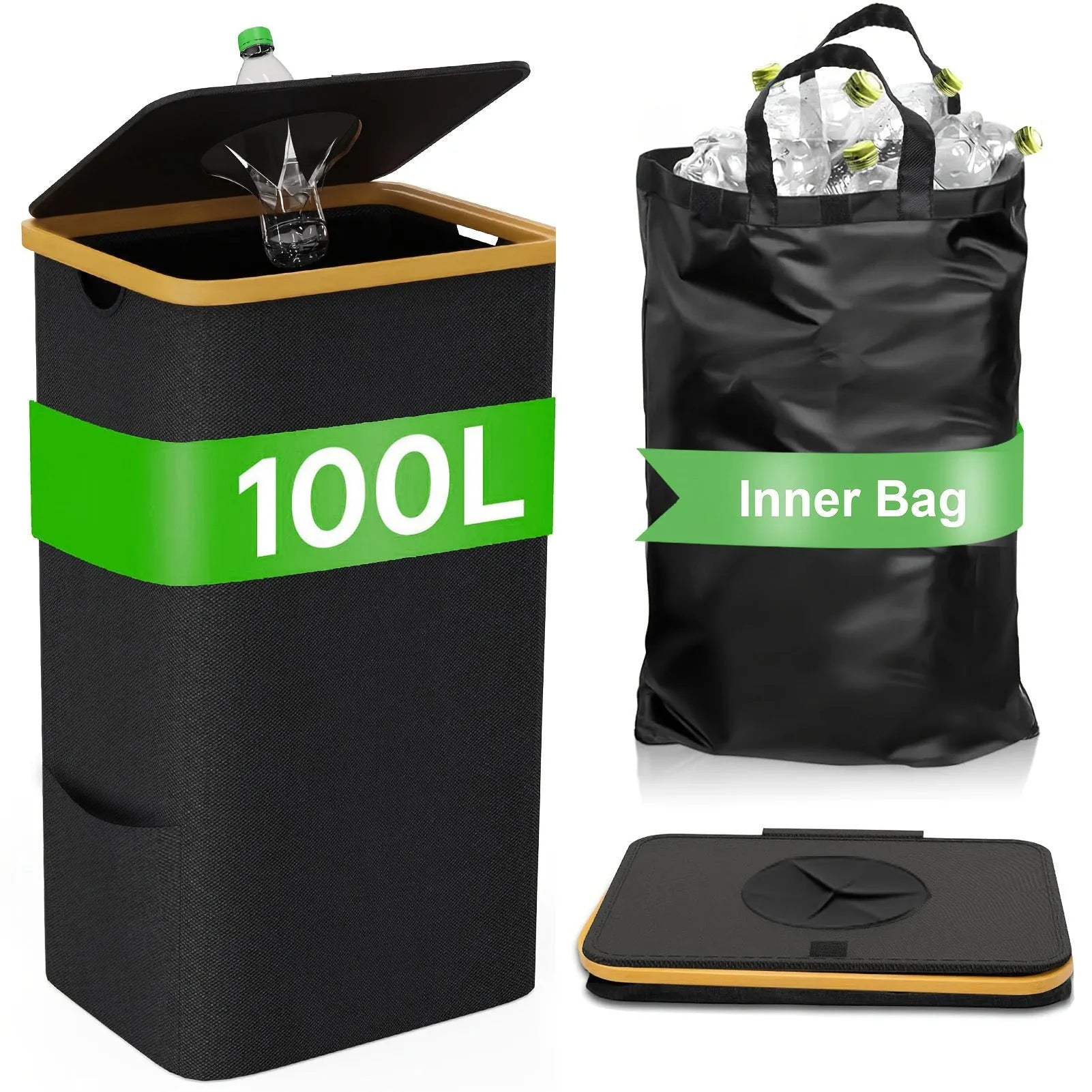Black bamboo laundry basket with removable interior, fitted lid and double inner pockets