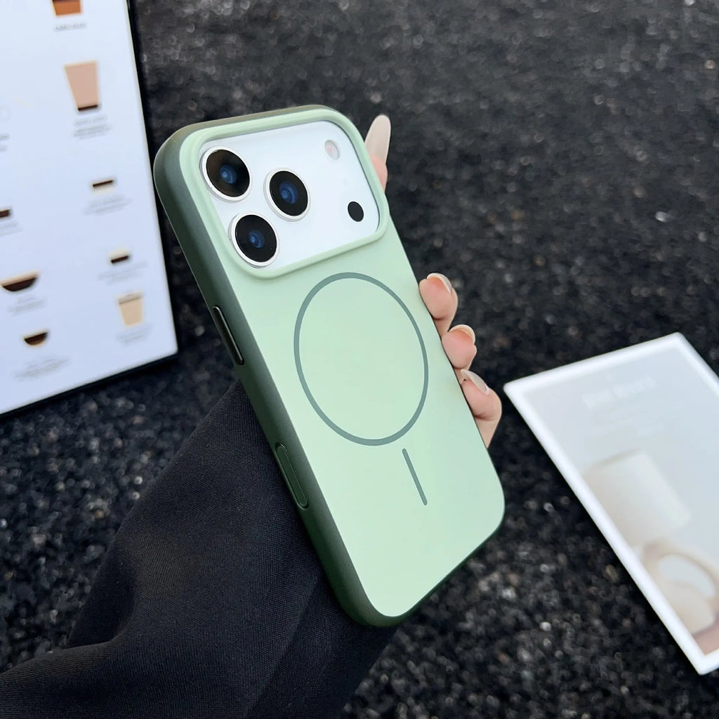 Blue frosted magnetic iPhone case with a dedicated AI photography button on the side.
