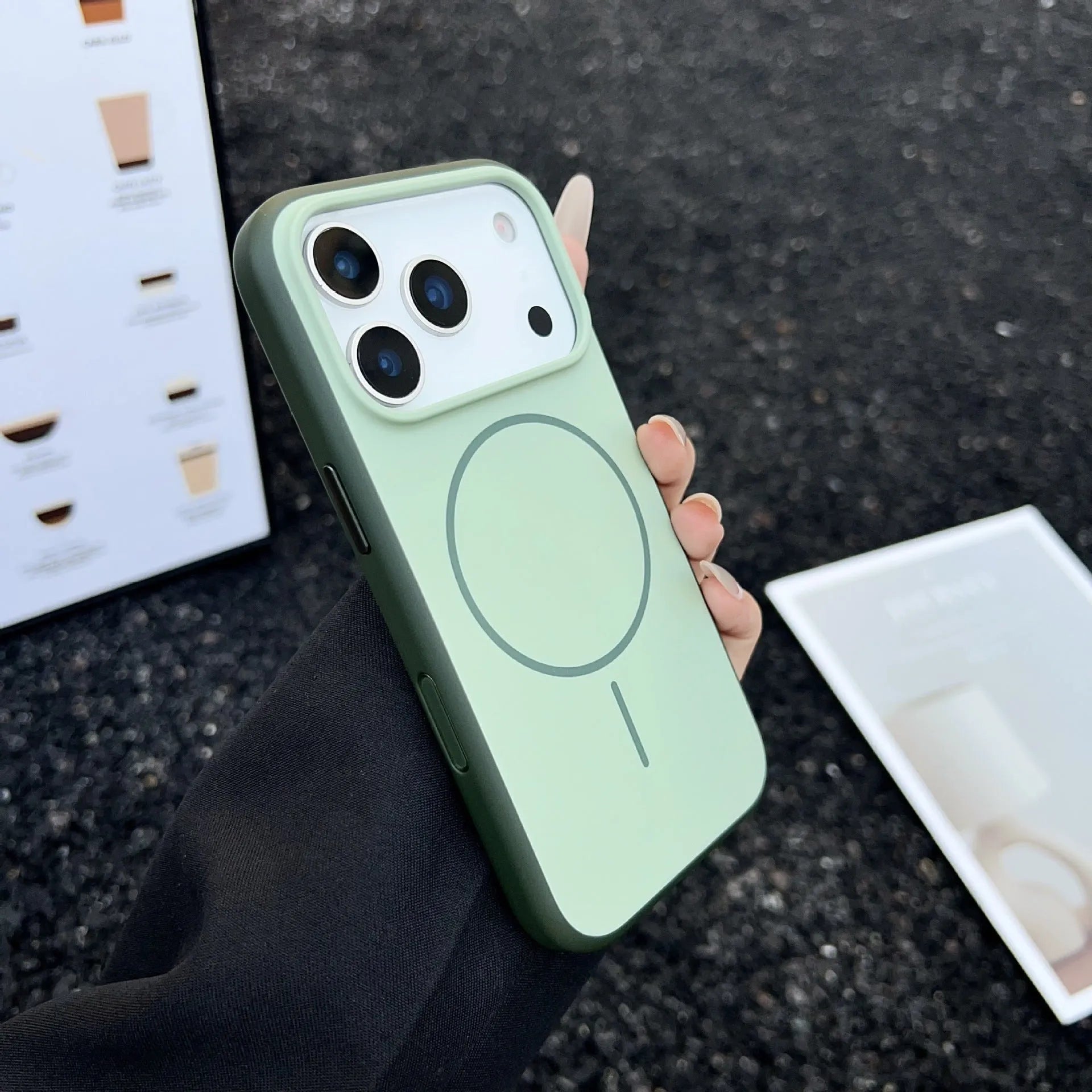 Blue frosted magnetic iPhone case with a dedicated AI photography button on the side.