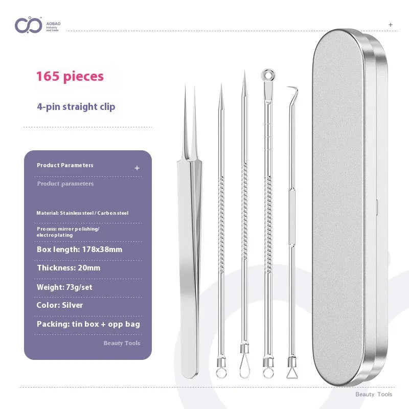 Four silver metal acne needles with fine points held together by a metal clip.