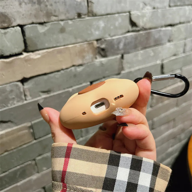 Silicone AirPods cover with overhead duck capybara design in soft shell cartoon style