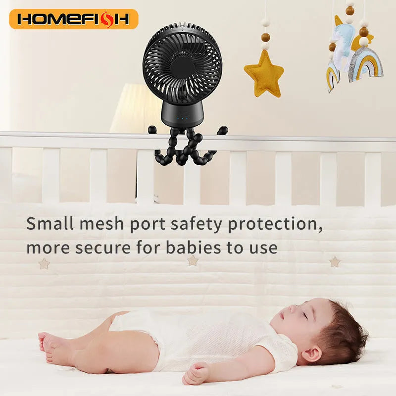 HOMEFISH F2 automatic shake head portable fan with removable bracket, LED light, and USB charging port