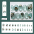 Short oval summer ocean cat eye press-on nails with glue for ladies, cute wearable plastic nail set