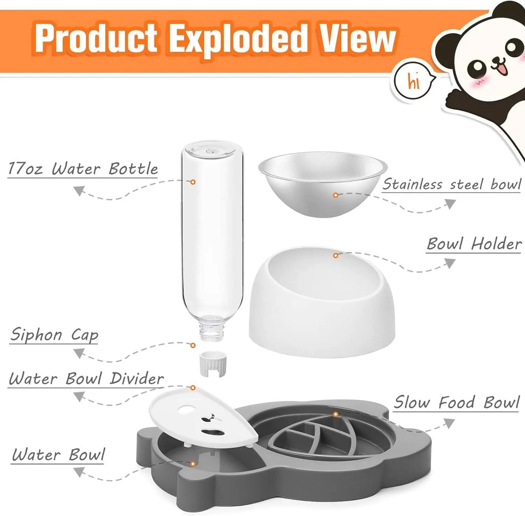 Grey panda-shaped automatic pet water dispenser with tilted stainless steel feeding bowls for cats and small dogs.