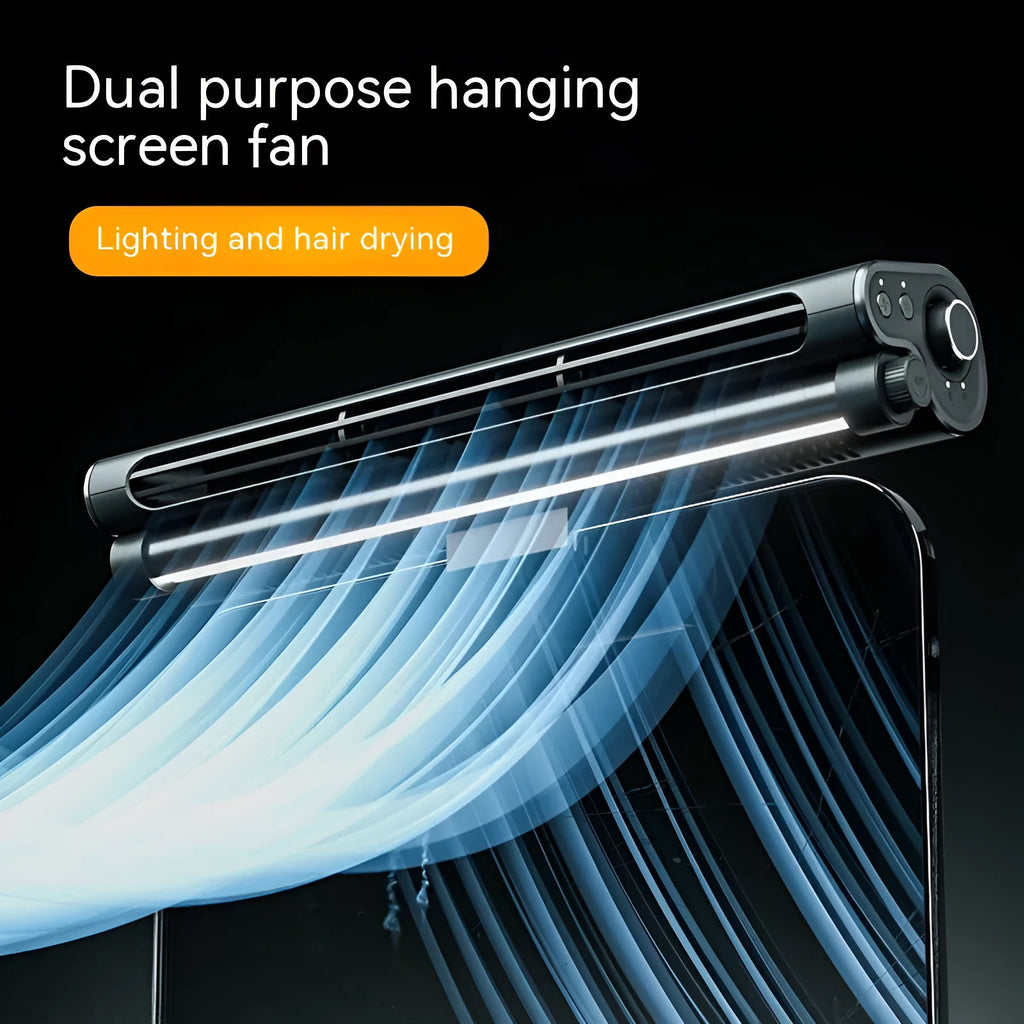 Black USB bladeless clip-on desk fan with LED lighting attached to computer screen