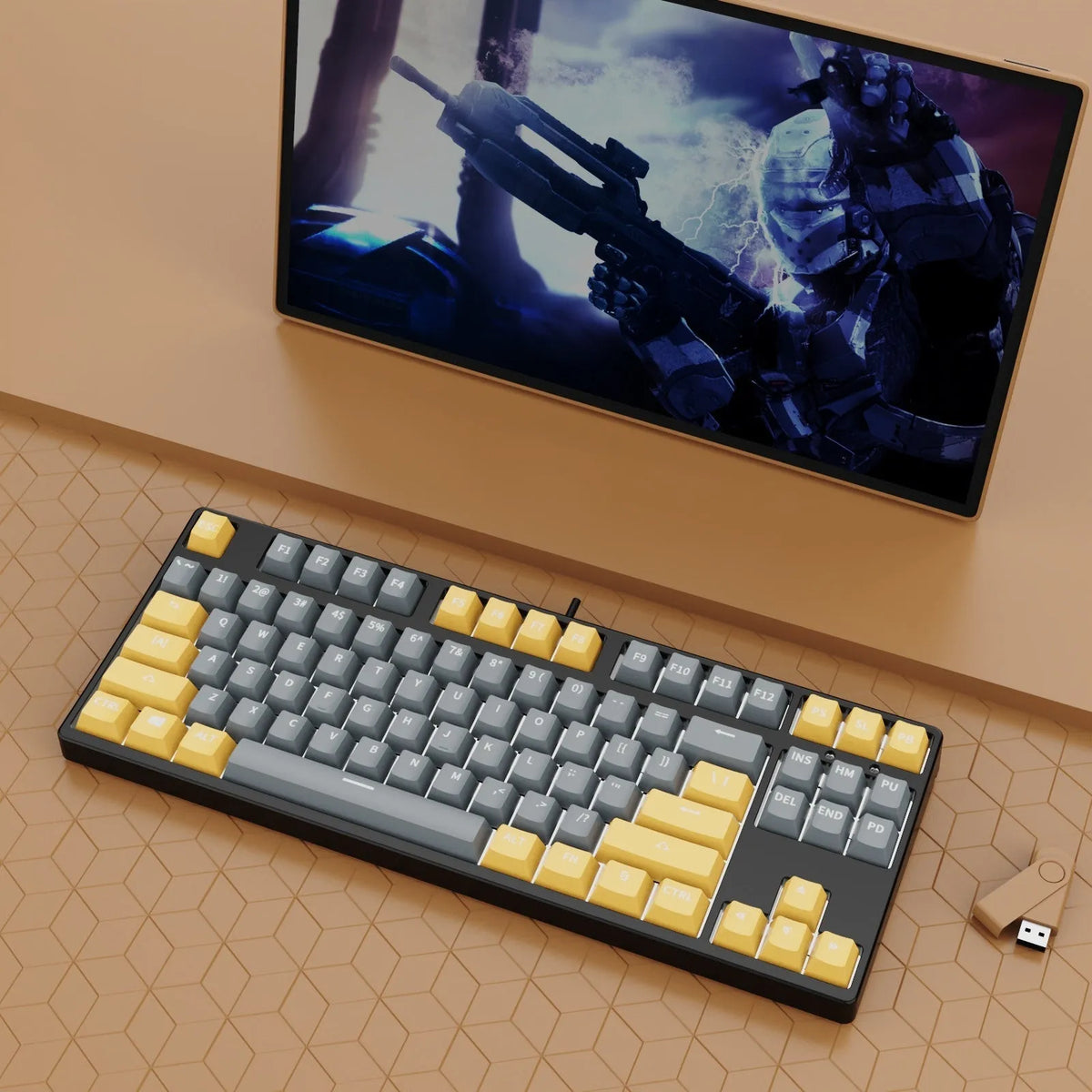 87 key wired mechanical keyboard with hot-swappable switches showing dual-colour keycap theme on metal body