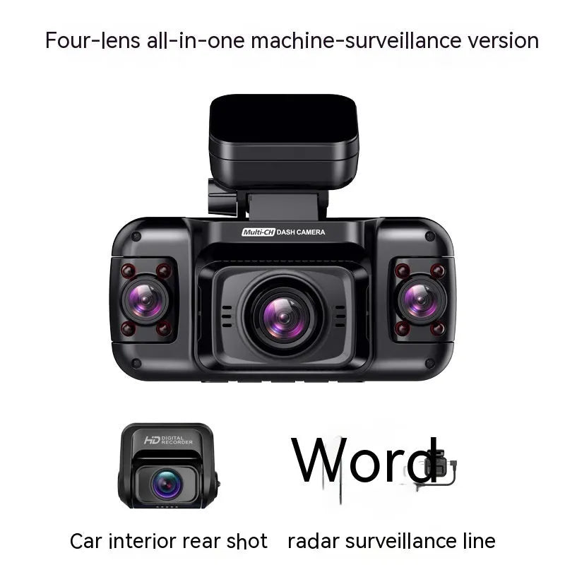 Black four-lens car dashboard camera with a 2-inch screen and compact plastic housing.