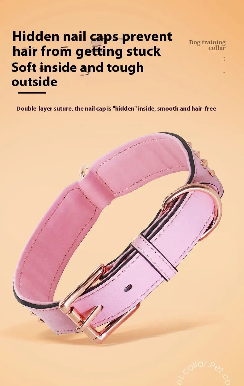Leather dog collar with metal rivets in black, chocolate, and pink, shown in L and XL sizes.