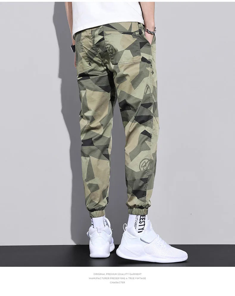 Men's camouflage overalls, straight-leg nine-point casual pants in cotton blend, army green, black or grey, sizes M to 4XL.