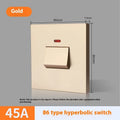 High-current illuminated switch for appliances in gold, grey, or white finish showing on/off light panel.