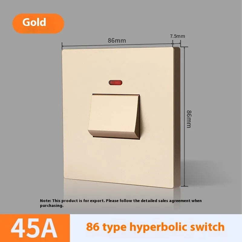 High-current illuminated switch for appliances in gold, grey, or white finish showing on/off light panel.