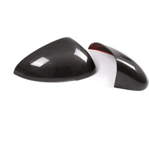 Pair of black true carbon fibre rearview mirror covers for Porsche Macan 2014-2022 models.