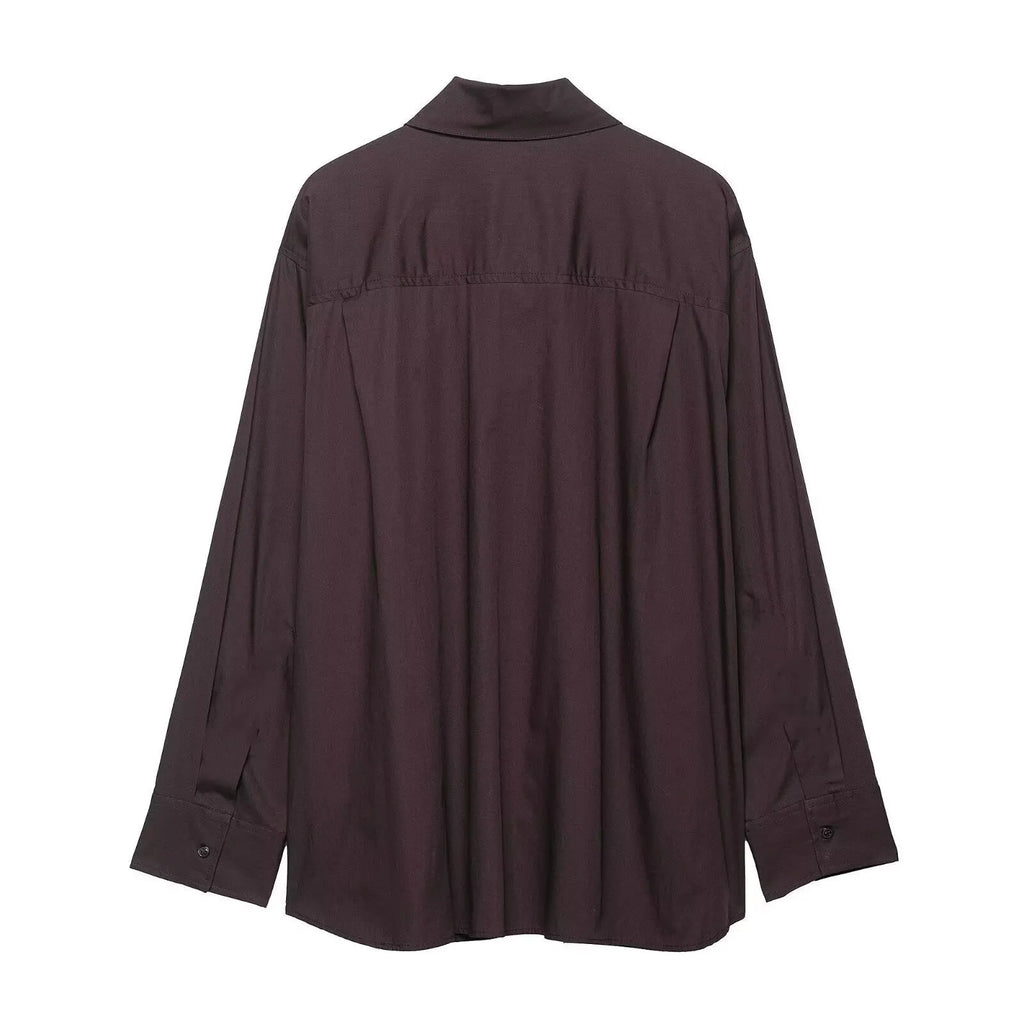 Brown women's long sleeve polyester poplin shirt with bow tie scarf detail, loose fit cardigan style