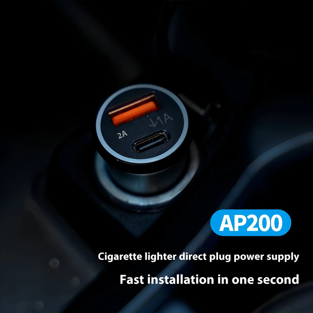 Black car charger GPS locator tracking device for vehicle security on a grey background.