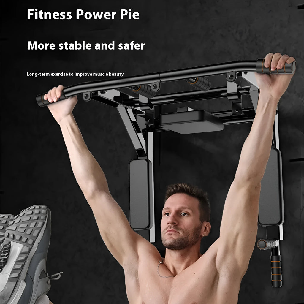Black wall-mounted metal sandbag rack with integrated pull-up bars for fitness training