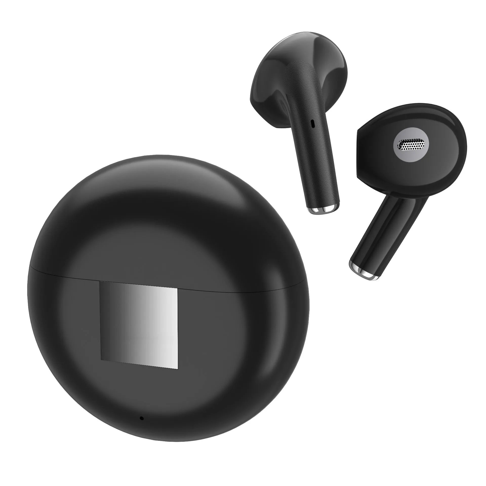 White semi-in-ear wireless Bluetooth headset with charging compartment on a plain background.