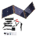 Black foldable 36W portable solar panel unfolded, showing its solar cells and included car charger and USB accessories.