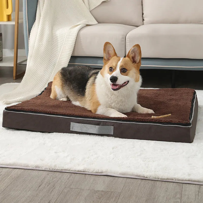 Removable washable memory sponge dog mat in brown, dark grey, khaki, or white and blue.