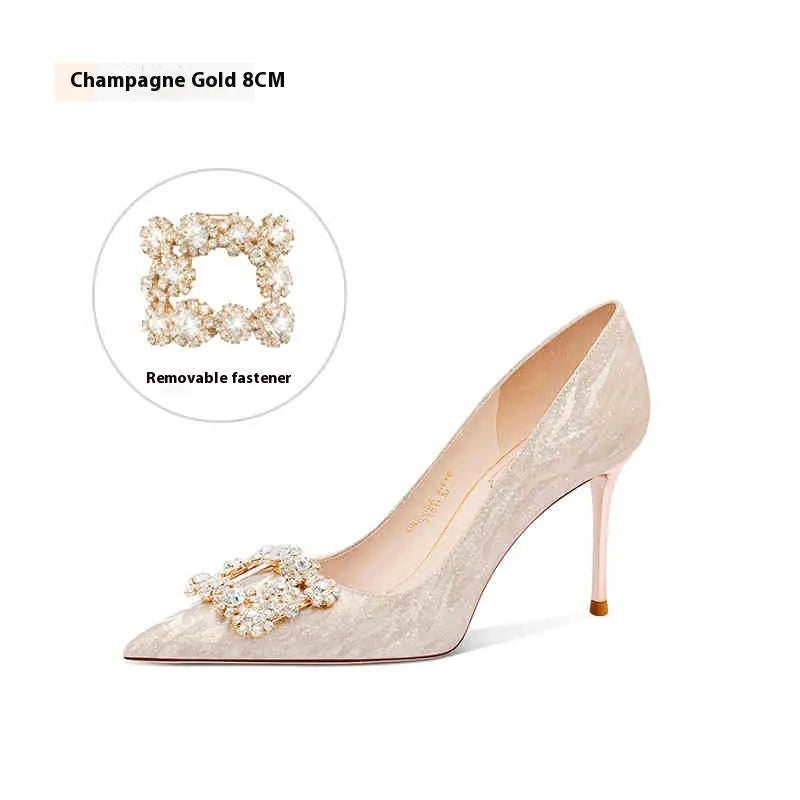 Champagne gold women's high heel pumps with pointed toe and stiletto heel on white background