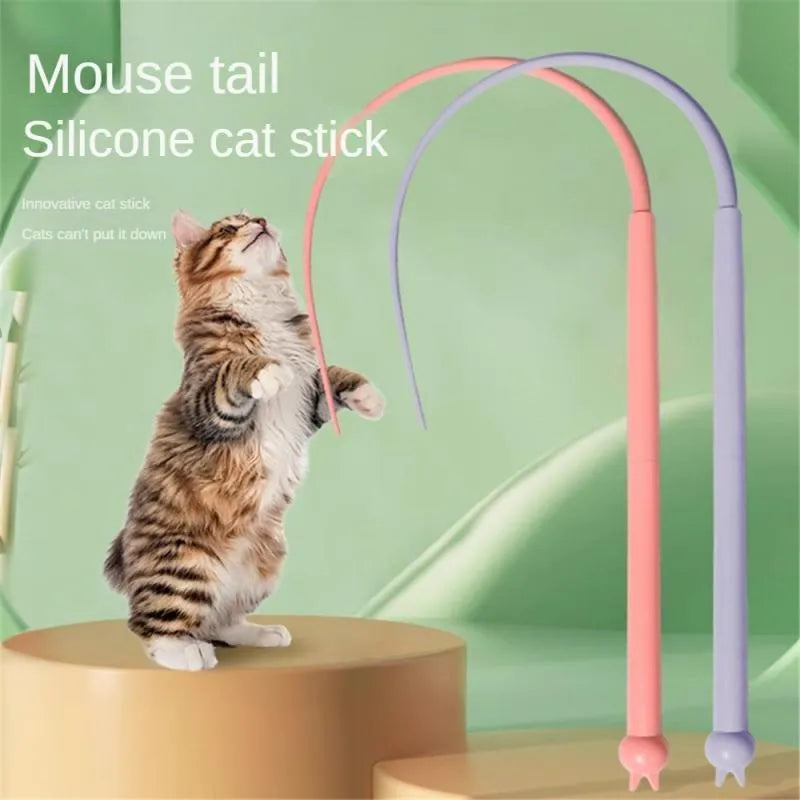 Blue silicone mouse tail cat teaser toy with cat head design measuring 80cm length
