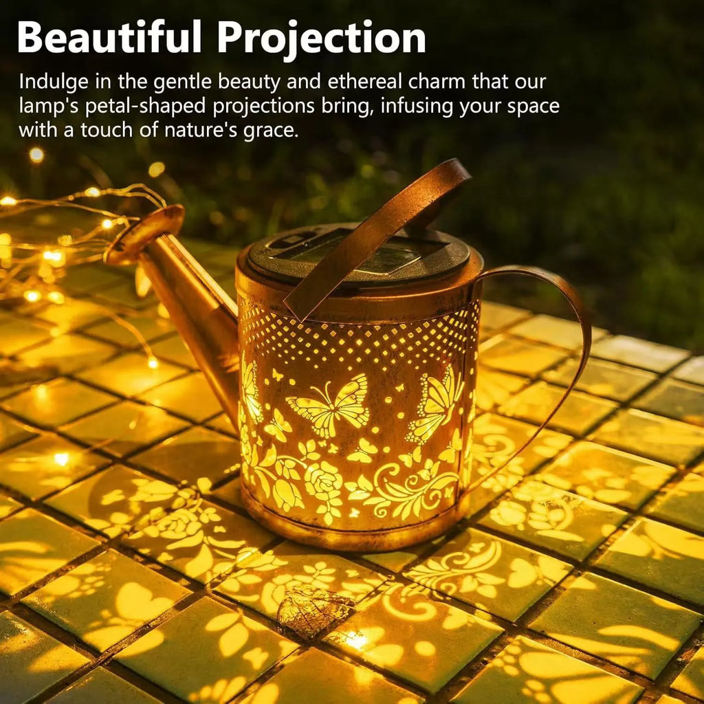 Solar-powered butterfly design kettle light for outdoor garden decoration with wrought iron construction