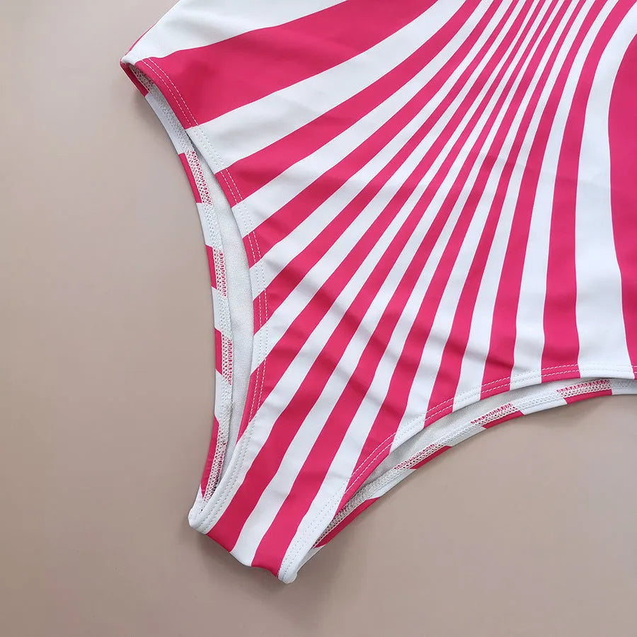 Pink striped one-piece swimsuit for women with digital printing front and back