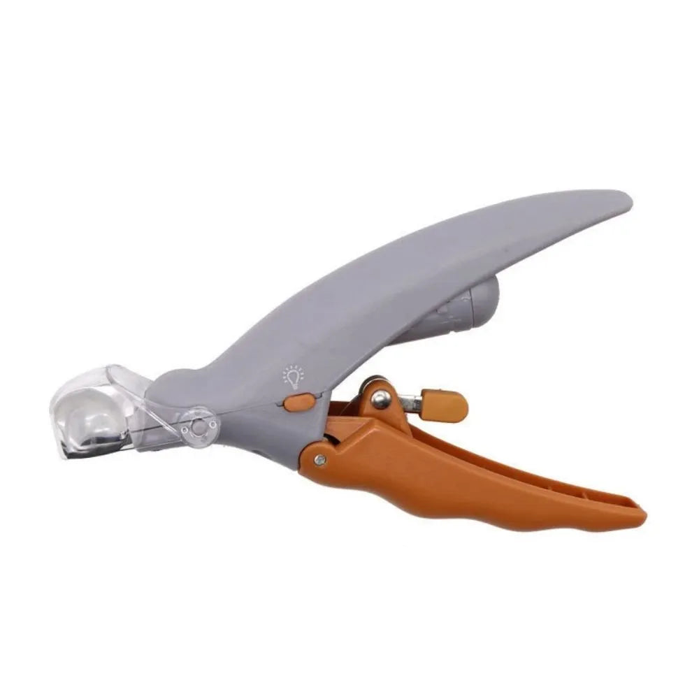 Yellow pet nail clipper with LED light and magnifiable lens for dog and cat grooming