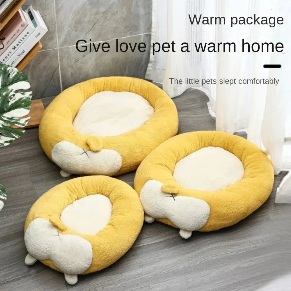 Corgi-shaped plush pet bed for dogs or cats in small, medium, or large size.