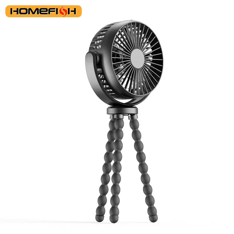 HOMEFISH F2 automatic shake head portable fan with removable bracket, LED light, and USB charging port