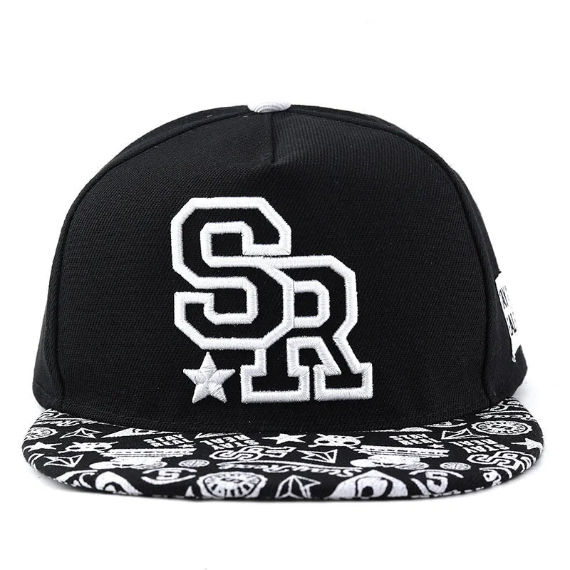 Adjustable cotton baseball cap with dome crown and letter embroidery in black or white