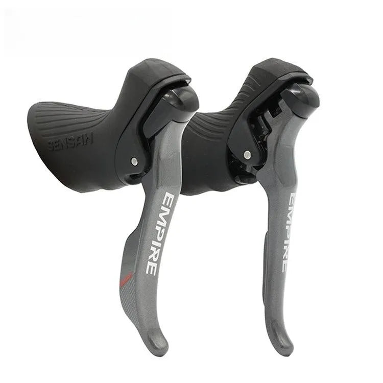 Road bike transmission kit showing aluminium alloy manual shifters, front derailleur and short leg rear derailleur for 11-speed upgrades.