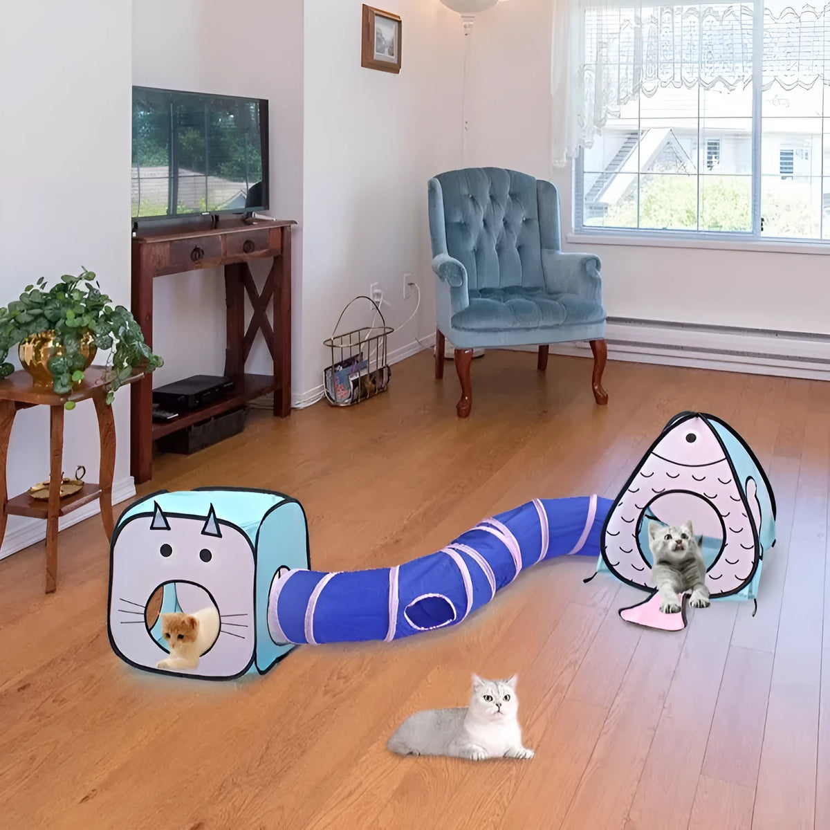 Foldable pet tent and tunnel set in a blue cat and fish design, showing the collapsible PP plastic frame.