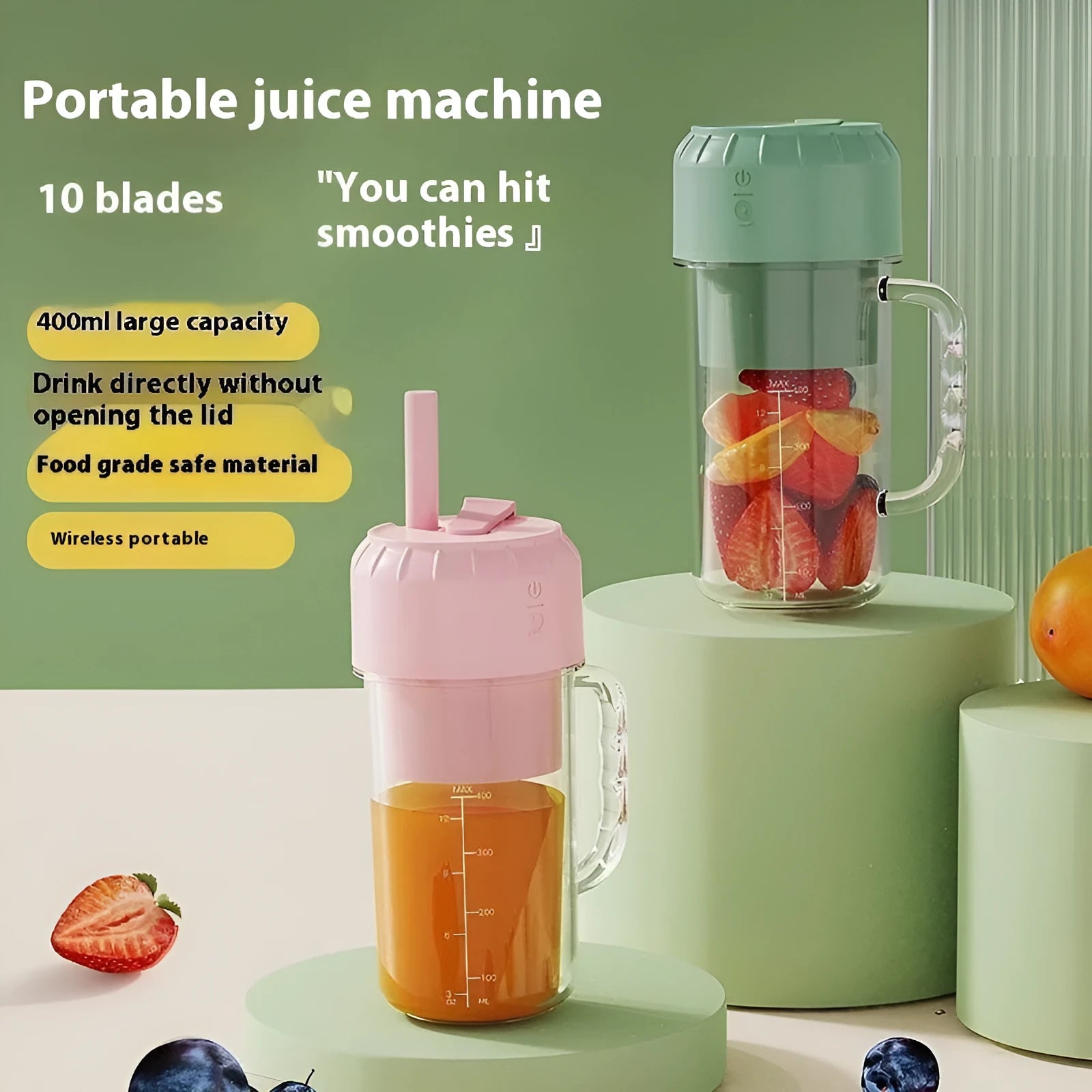 Portable USB-powered juicer in avocado green or cherry blossom pink with choice of blade styles