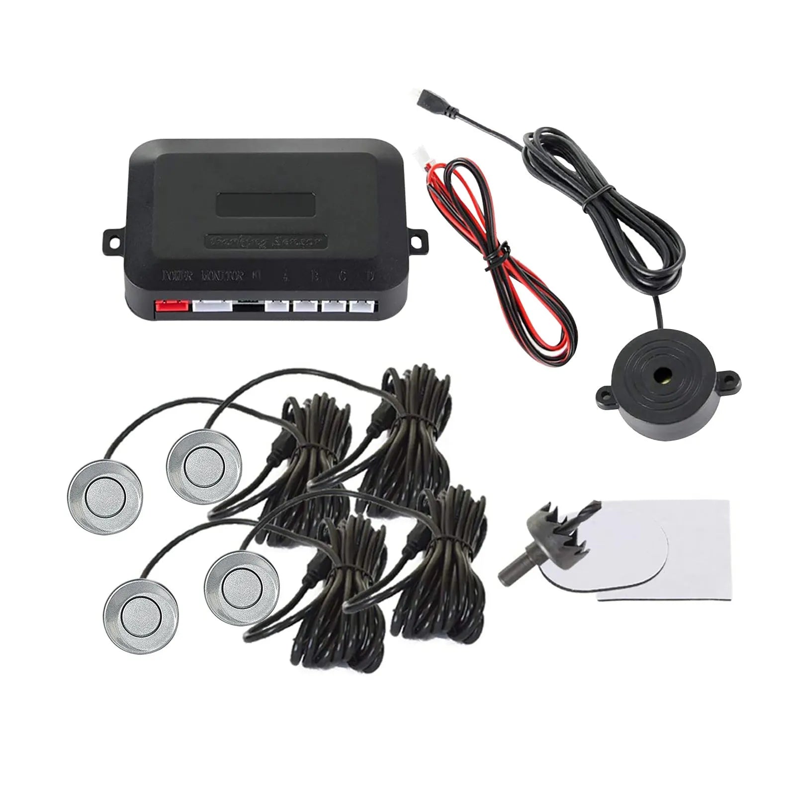 Four-sensor car reversing radar parking system with buzzer alert indicator and installation tools