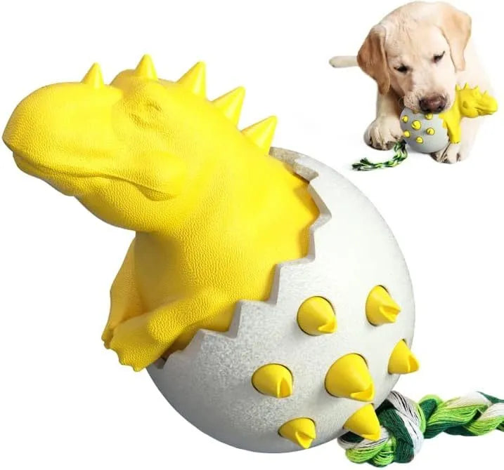 Blue durable dinosaur-shaped dog chew toy with an attached rope for aggressive chewers.