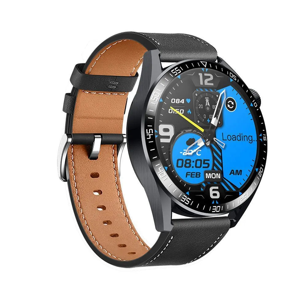GS3 Max smartwatch in black on a silicone strap, showing its 1.35-inch touchscreen displaying a watch face.