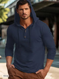 Long sleeve cotton pullover hoodie in dark blue, shown in European/American sizing.