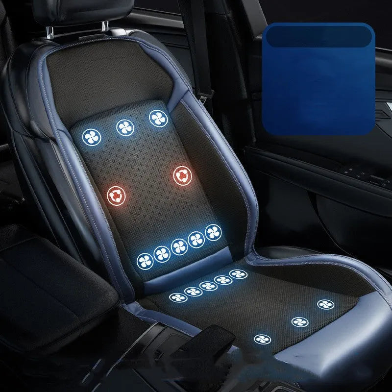 Car seat cooling pad with USB cable and built-in ventilation fan in minimalist black design