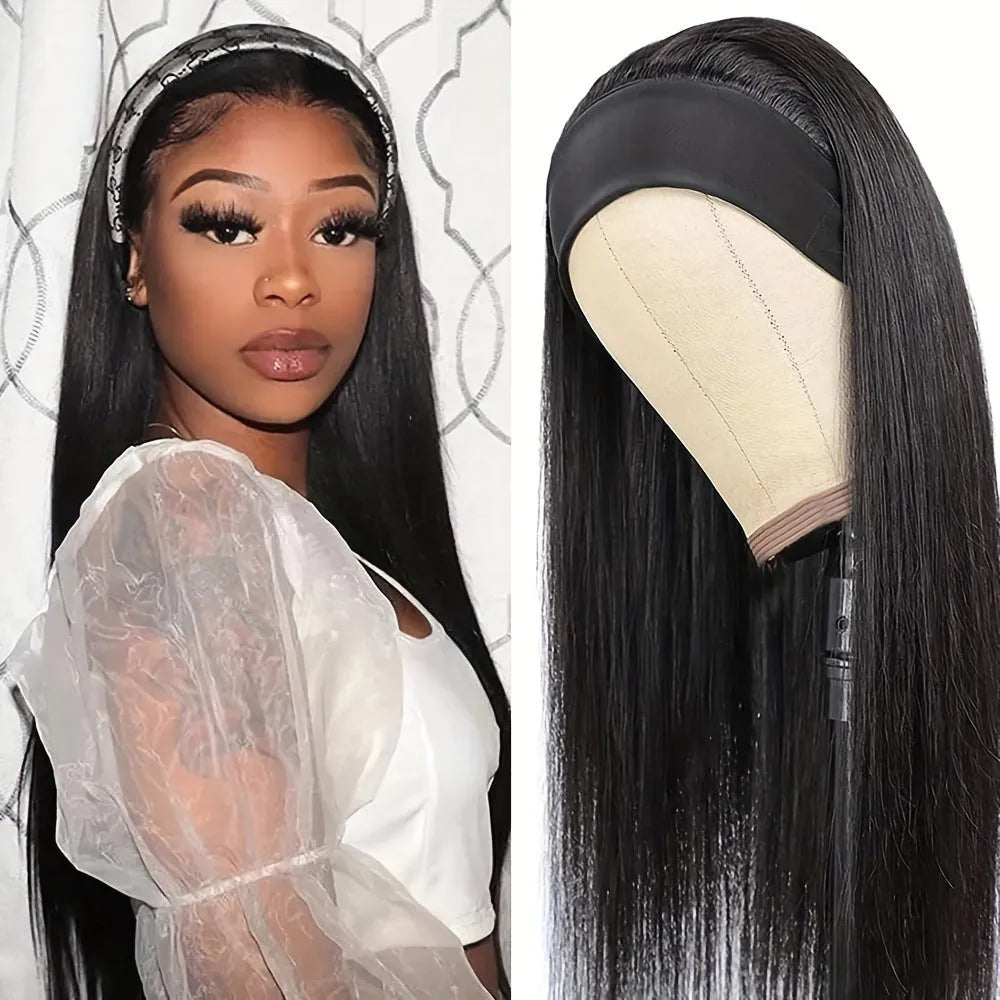 Headband wig with long straight black synthetic hair on a mannequin head