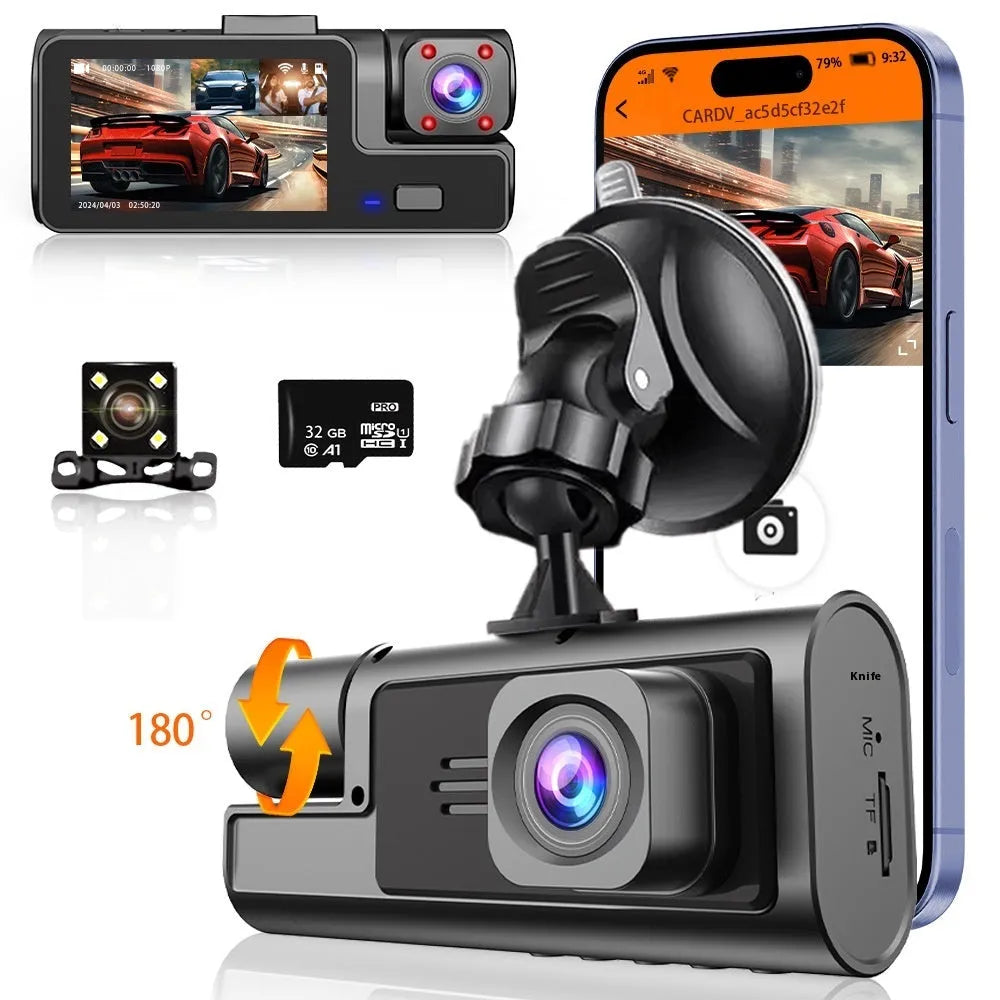 Front and rear WiFi car dash cam on windscreen with 2.0-inch screen showing reversing camera image.