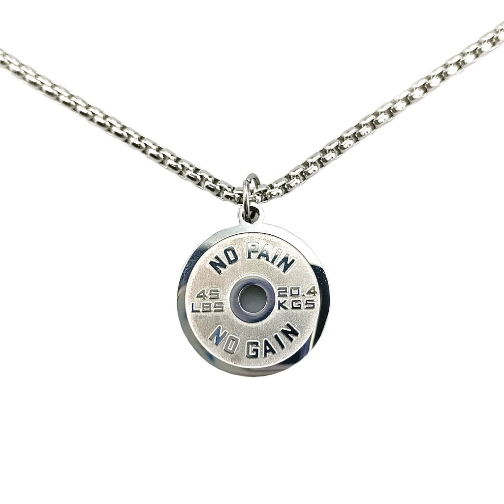 Stainless steel barbell disc geometric pendant necklace on a choice of pearl, gold, or black 60cm chain.
